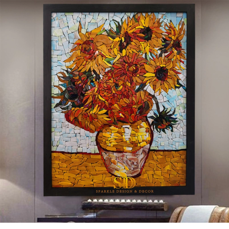 Vincent Van Gogh Famous Painting Sunflower Glass Mosaic Wall Mural for Bathroom Wall Decor