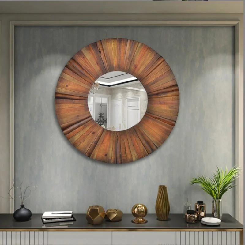 Nordic European Style Modern Retro Old Foreign Trade Art Mirror Living Room Home Round Solid Wood Decorative Wall Mirror