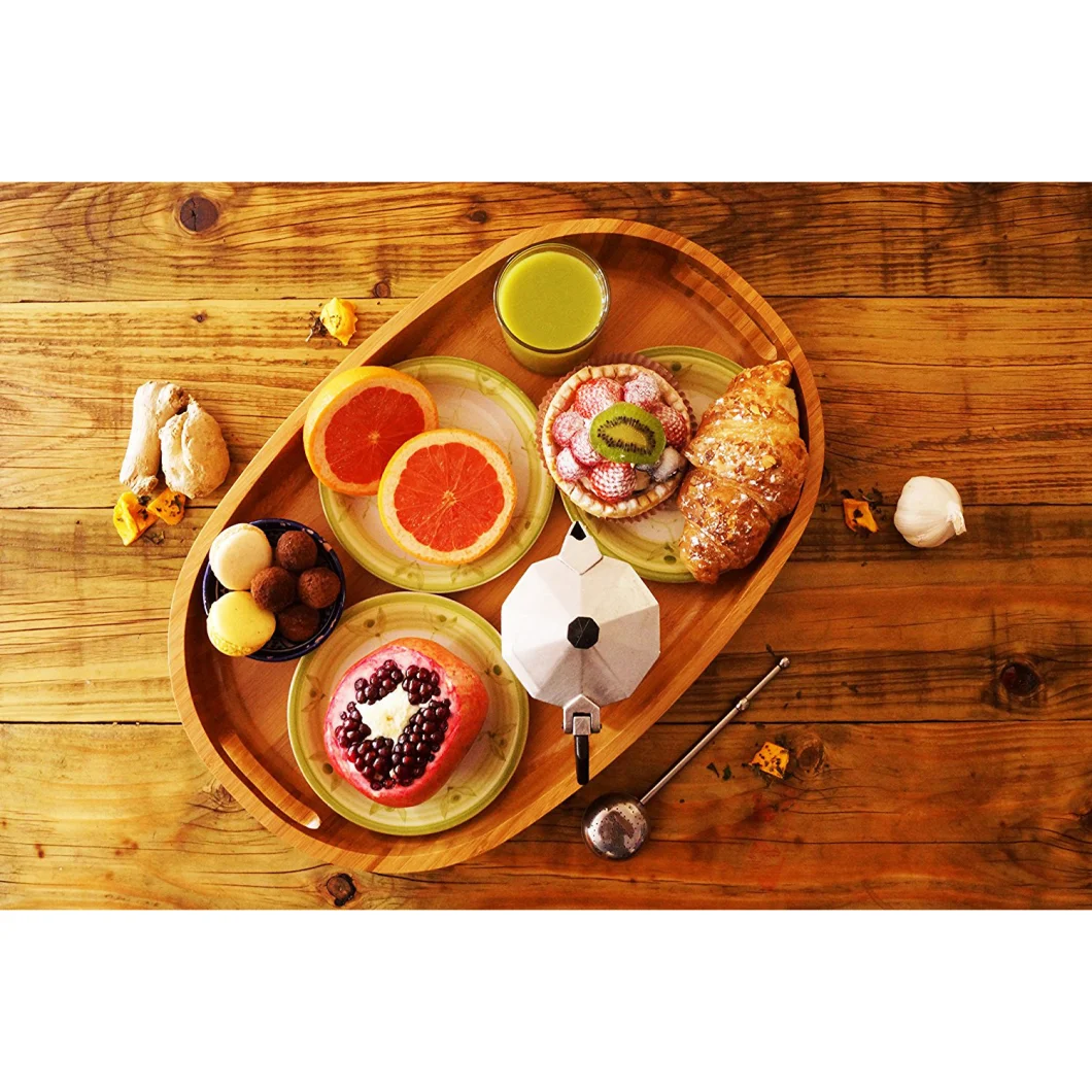 Bamboo Wood Serving Tray with Handles, Farmhouse Decorative Oval Butler Tray for Food, Tea Tray