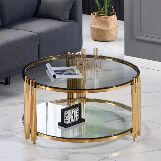 Design moderne de luxe en acier inoxydable or salon meubles de maison noir dessus en verre Table basse centrale ronde