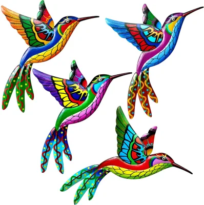 Lot de 4 oiseaux décoratifs muraux colorés en métal pour colibris