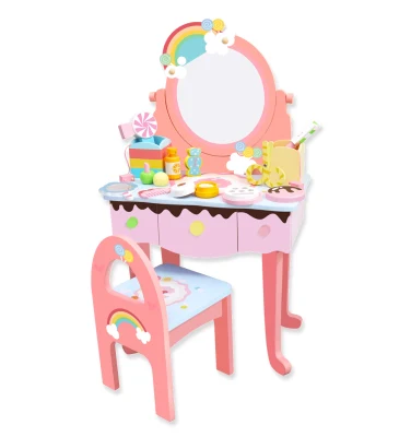 Jouet de maquillage arc-en-ciel en bois Kids' Vanity Set avec miroir Coiffeuse pour enfants et tabouret pour petites filles