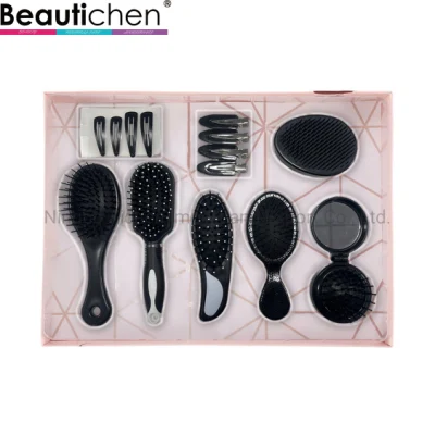 Beautichen Black Coffret cadeau avec brosses à cheveux, brosses à cheveux pliables avec miroir et pinces à cheveux Ensemble de brosses à cheveux fantaisie 8 en 1